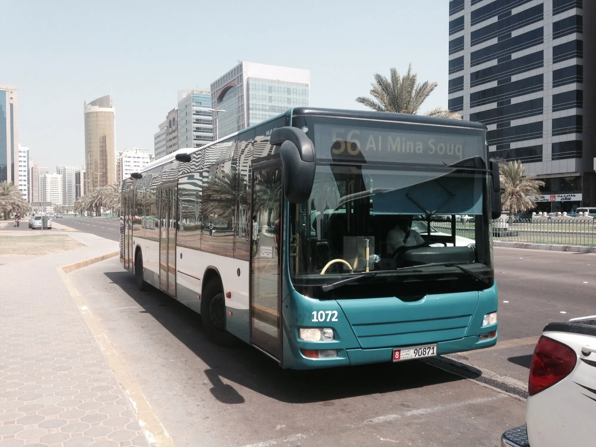 A teal and white city bus on route 56 stopped on a palm-lined street in Abu Dhabi