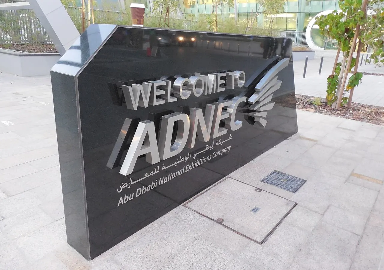 The Welcome to ADNEC sign outside the Abu Dhabi National Exhibition Centre