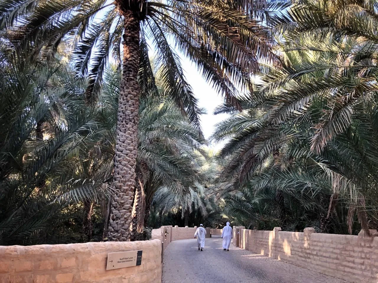 A shaded path between earth-coloured walls under date palms in Al Ain Oasis