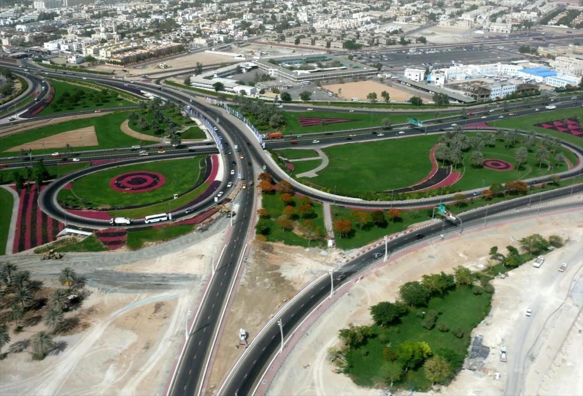 Aerial view of the road interchange by Al Garhoud Bridge in Dubai, photographed in May 2008