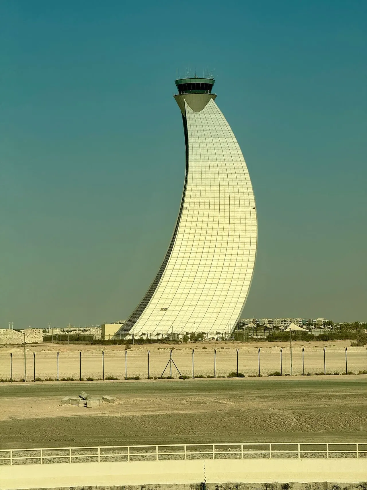 The curved air traffic control tower at Zayed International Airport in Abu Dhabi