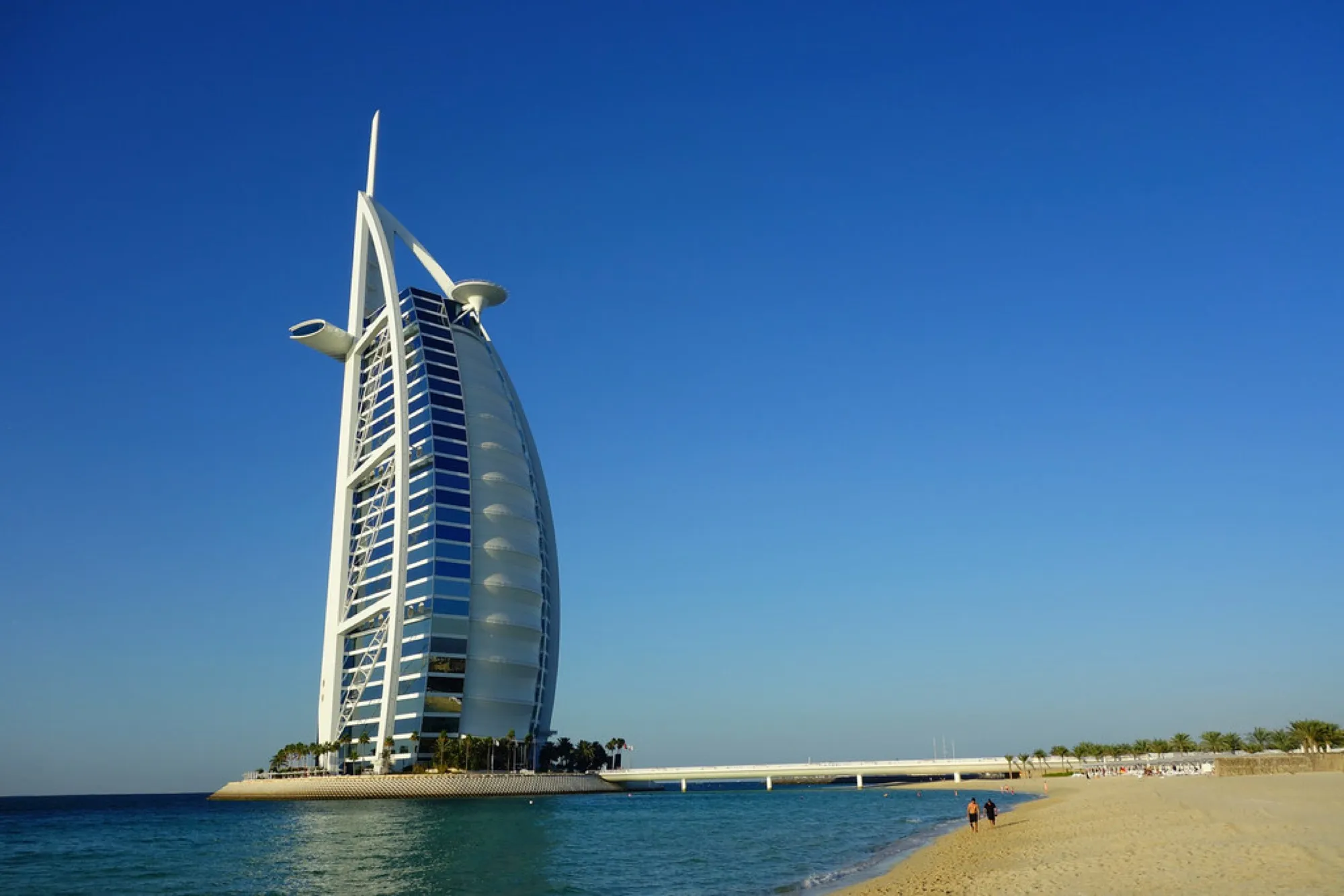 The Burj Al Arab hotel seen from the beach in Dubai