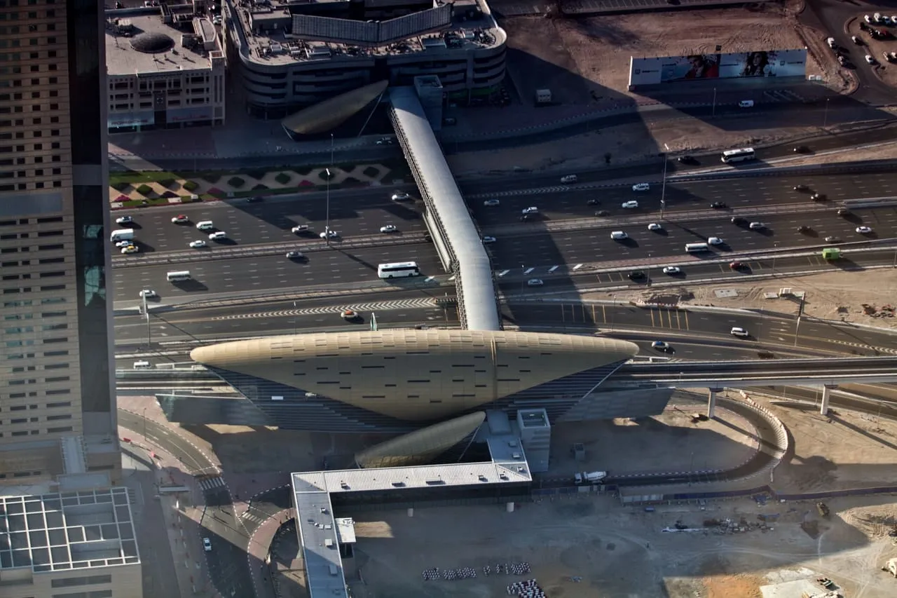 Burj Khalifa/Dubai Mall Metro station and its footbridge over Sheikh Zayed Road, seen from above