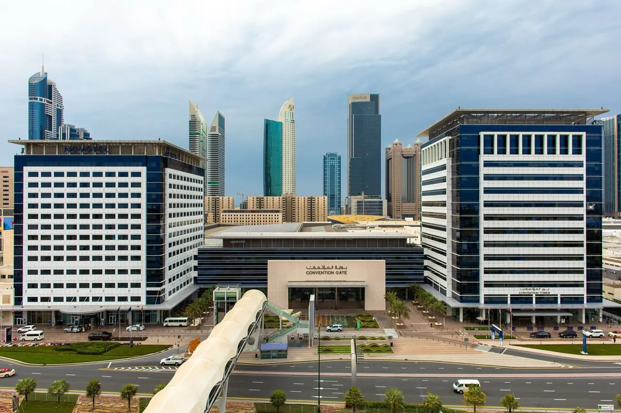 The Convention Gate entrance at Dubai World Trade Centre, between two hotel towers