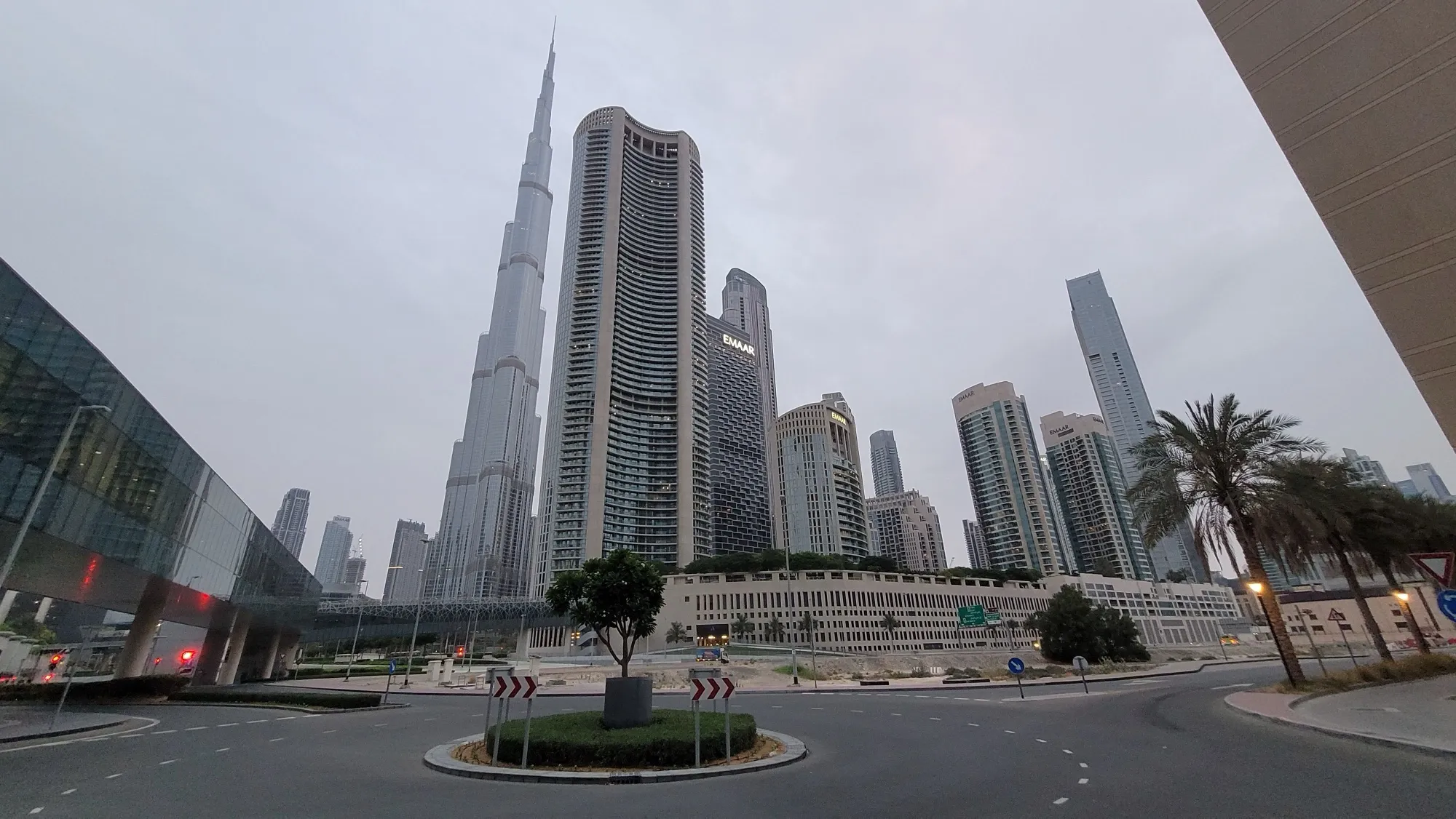 The roundabout near Burj Khalifa/Dubai Mall Metro station, with Burj Khalifa and the Downtown towers behind