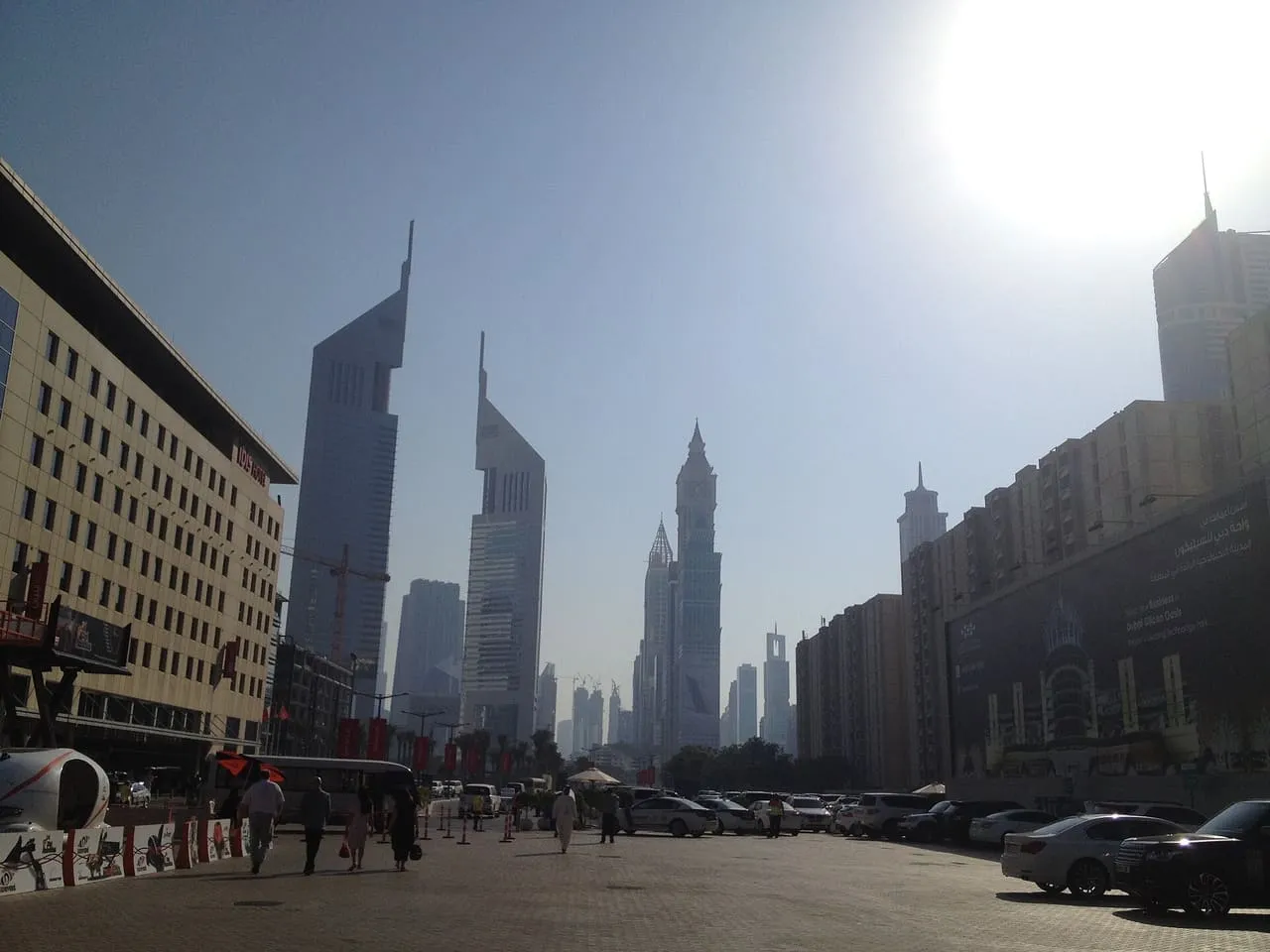 The forecourt beside the Ibis hotel at Dubai World Trade Centre, looking towards the Emirates Towers on Sheikh Zayed Road