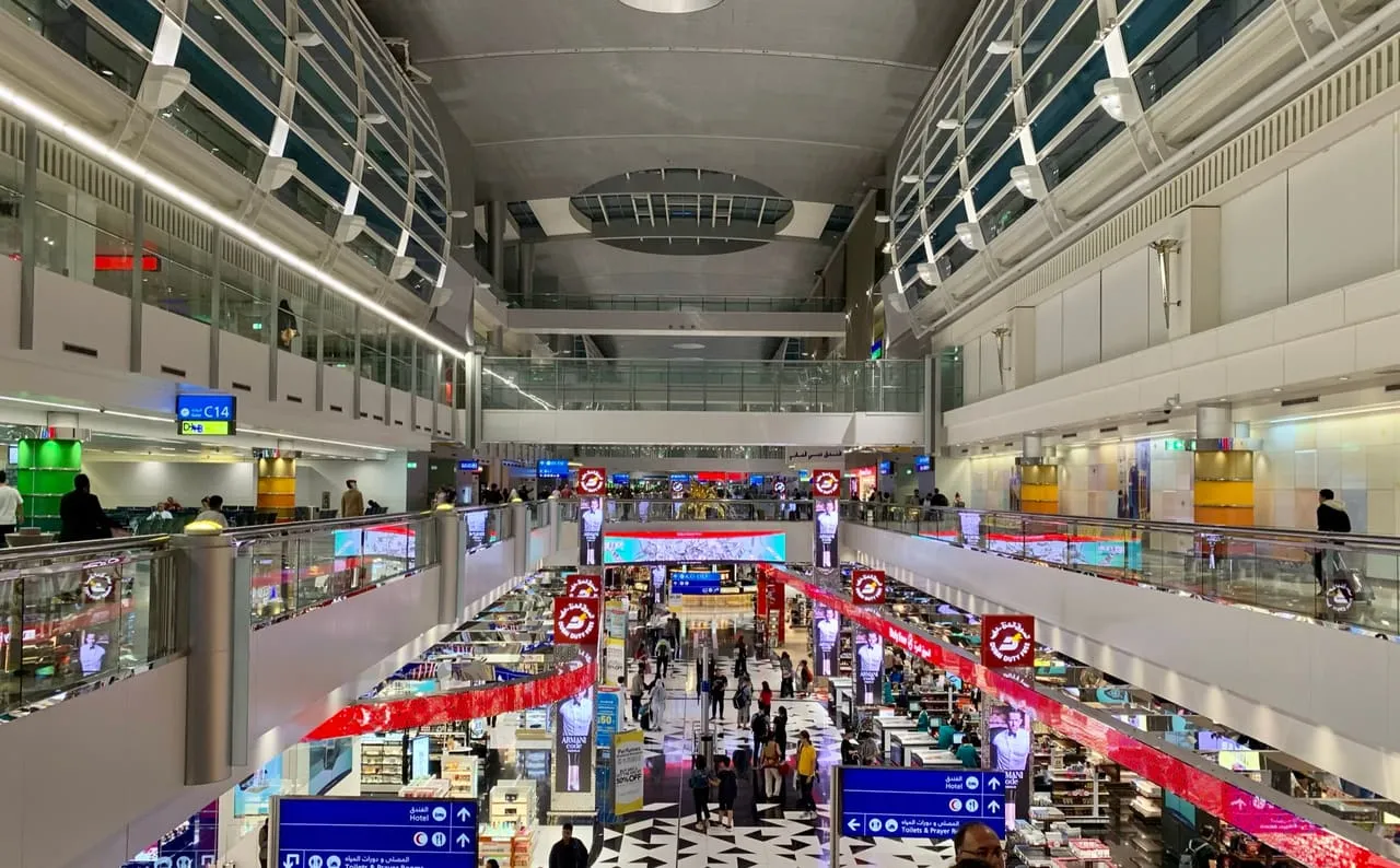 Duty-free shops in the Concourse C atrium of Terminal 3 at Dubai International