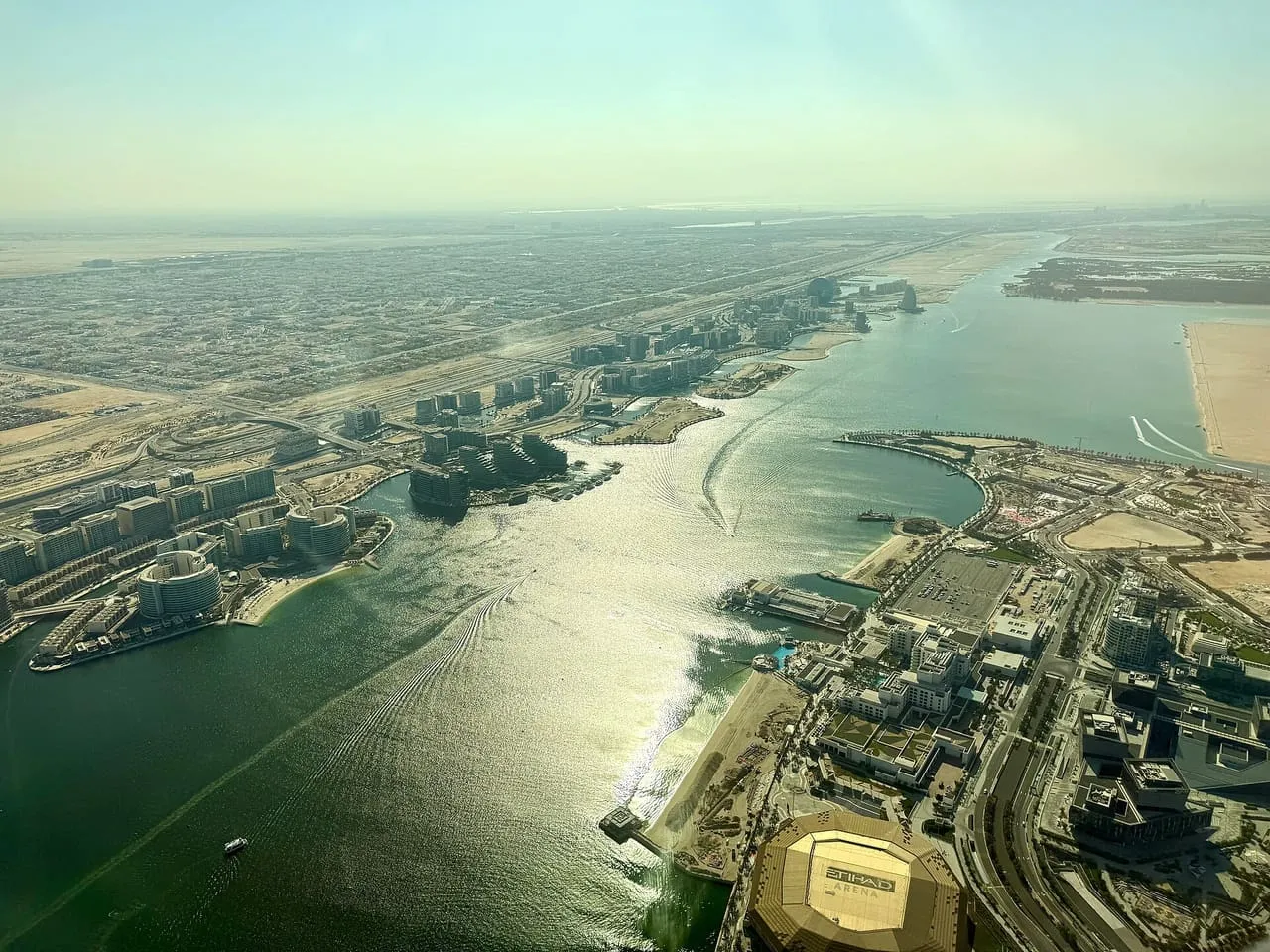Etihad Arena on the Yas Bay waterfront, seen from the air