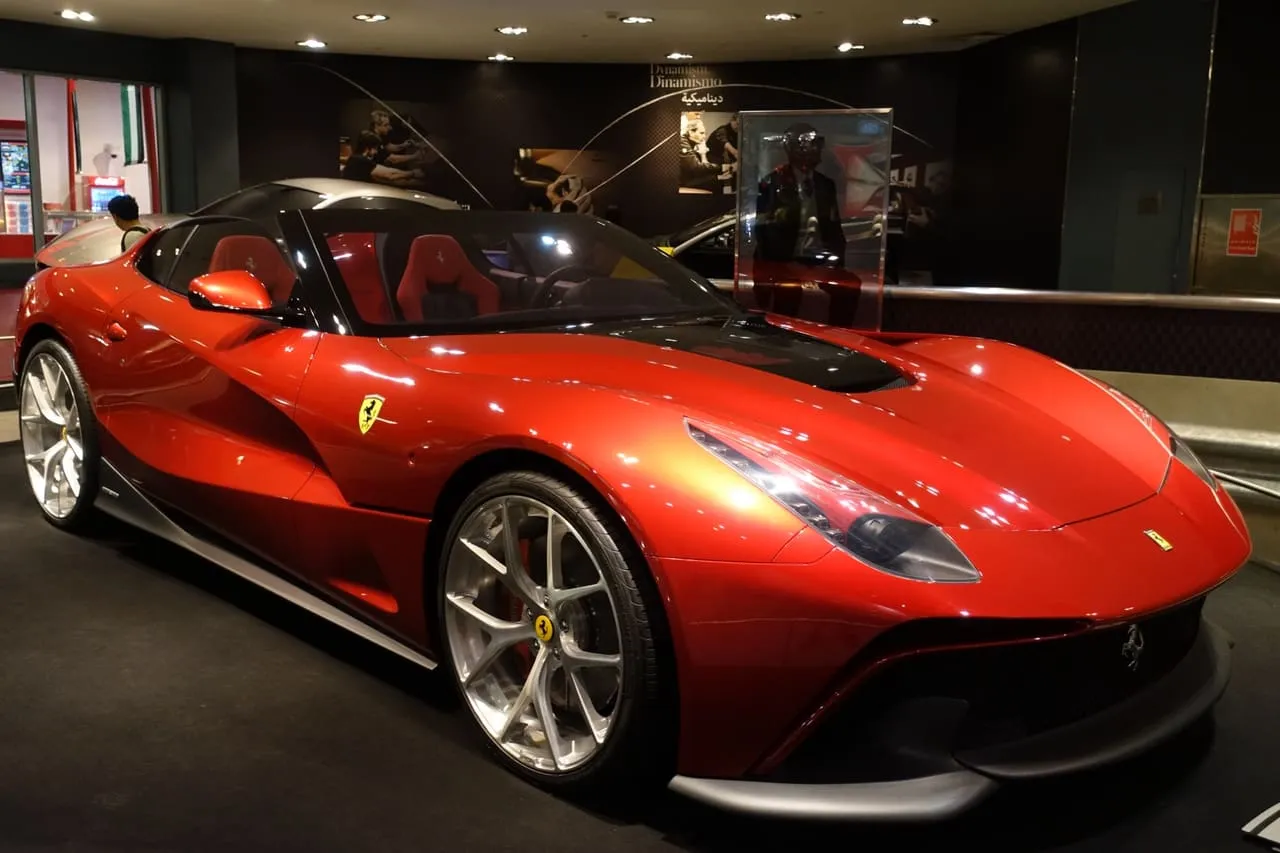 A red Ferrari on display inside Ferrari World Abu Dhabi on Yas Island