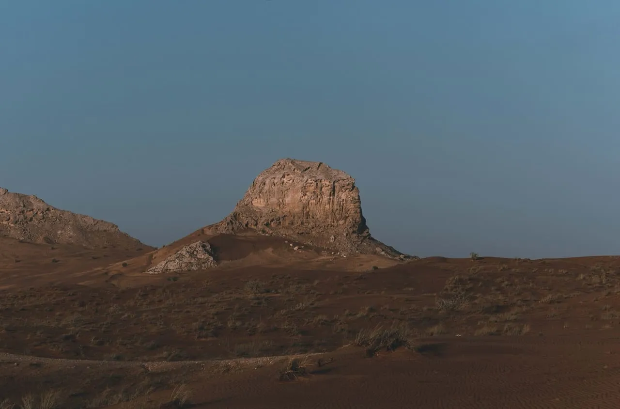 Fossil Rock rising above the desert near Mleiha in the interior of Sharjah