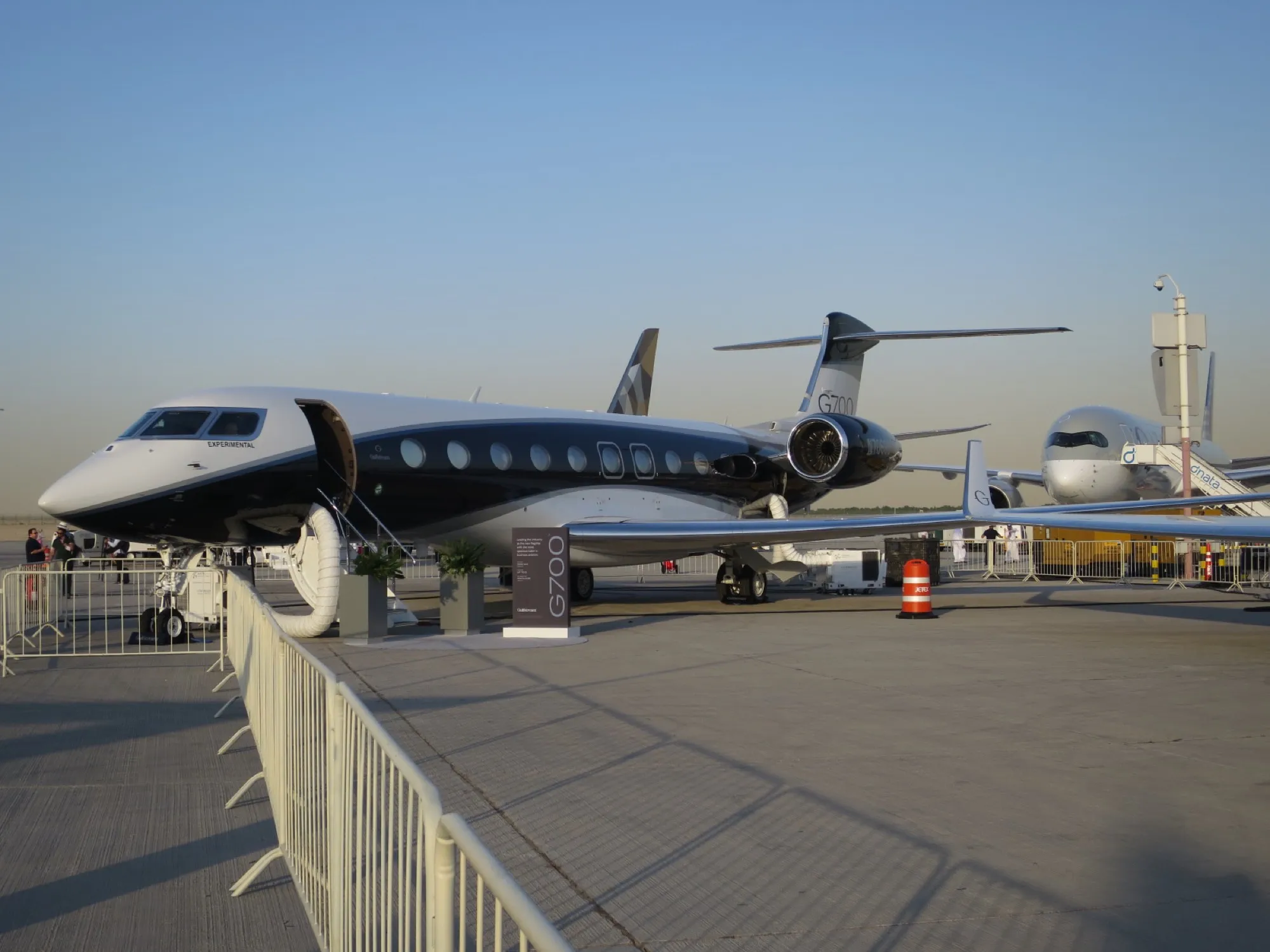 A Gulfstream G700 business jet on static display at the Dubai Airshow 2023