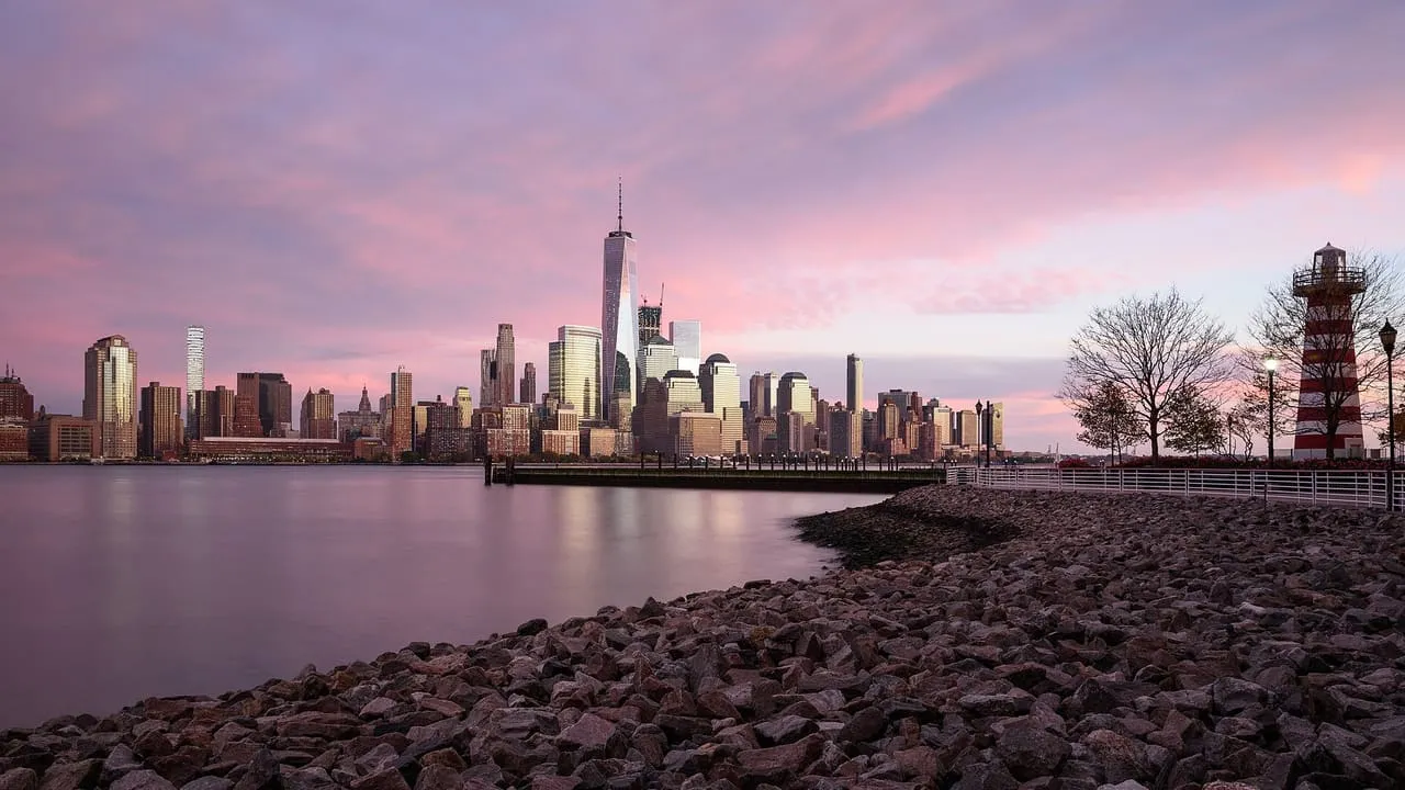 The Lower Manhattan skyline and One World Trade Center in New York, seen across the Hudson River from Jersey City