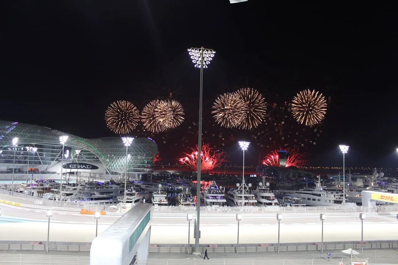 Fireworks above Yas Marina and the hotel that straddles the track at the 2015 Abu Dhabi Grand Prix