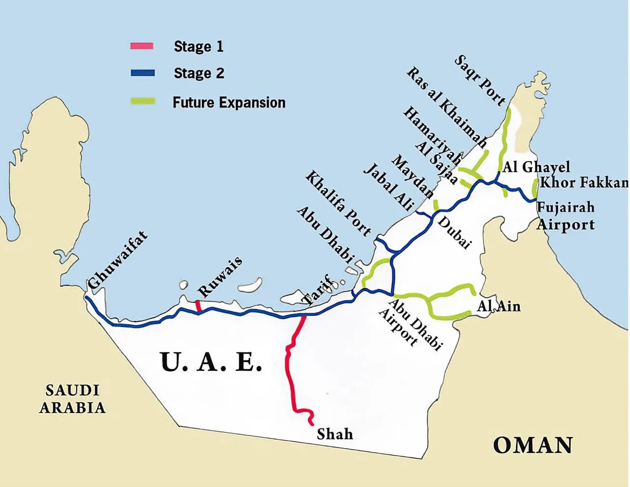 Map of the UAE rail network as planned in 2022, with the Stage 2 line running from Ghuwaifat through Abu Dhabi and Dubai to Fujairah