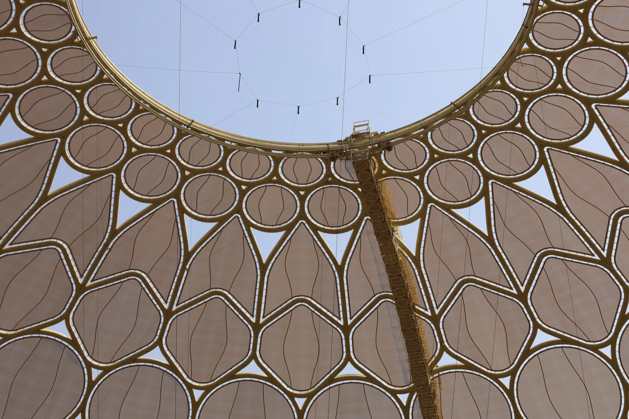 The steel trellis of the Al Wasl Plaza dome at Expo City Dubai, seen from below