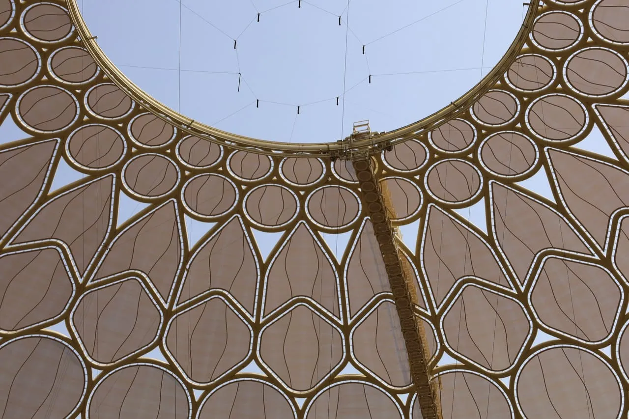 The steel trellis of the Al Wasl Plaza dome at Expo City Dubai, seen from below