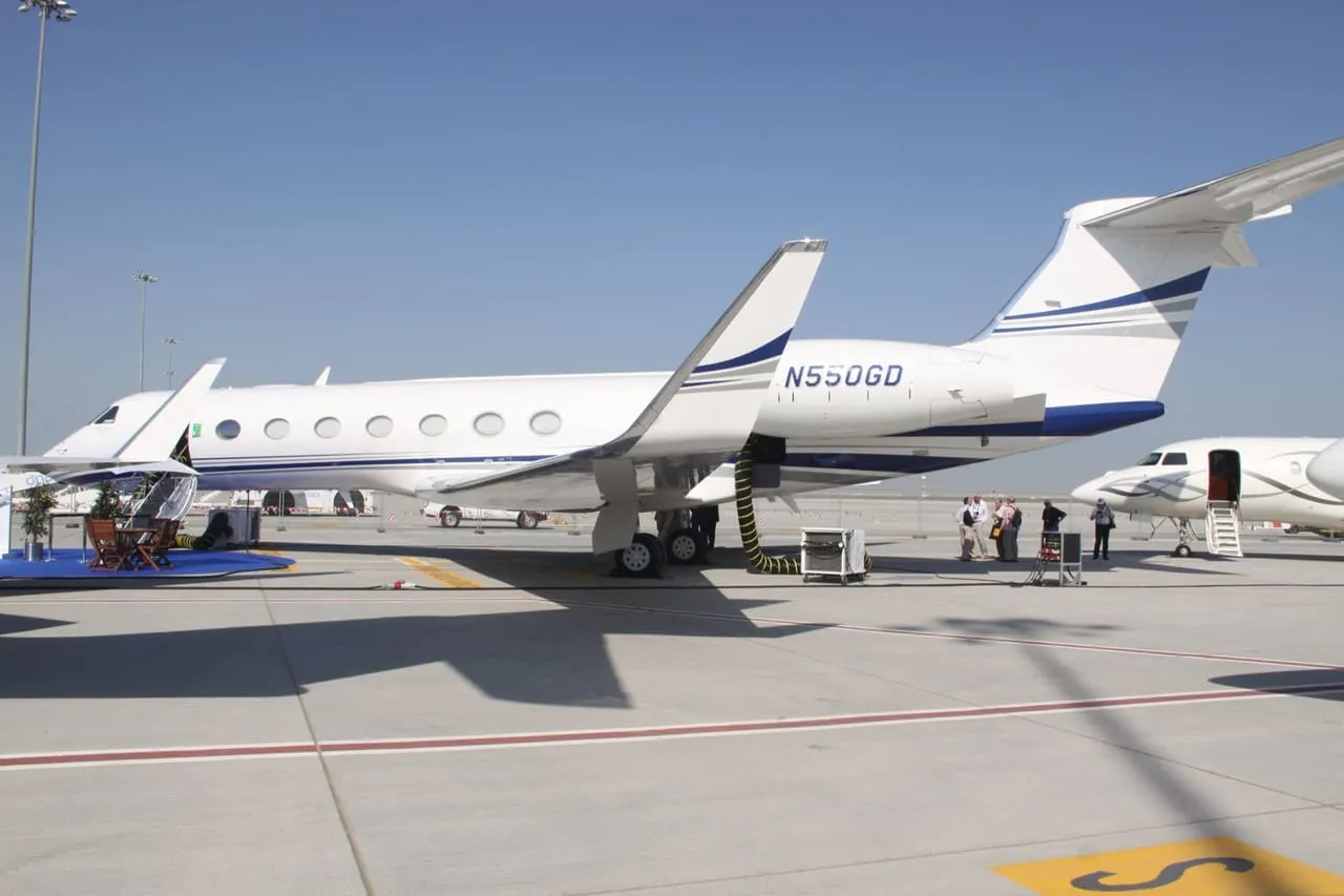 A Gulfstream G550 business jet parked on the apron at Al Maktoum International (DWC)