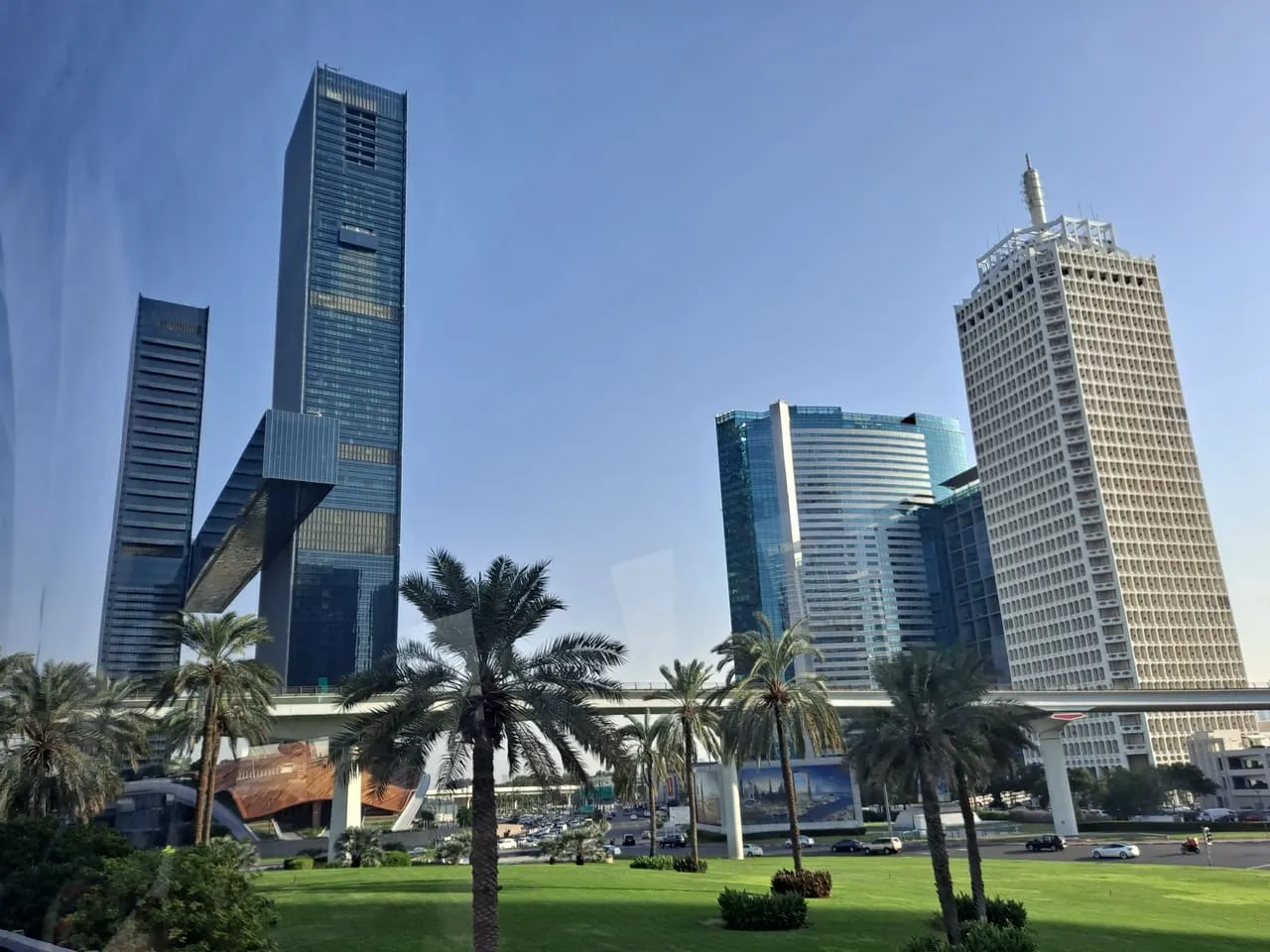 The Dubai World Trade Centre tower and One Za'abeel beside Sheikh Zayed Road in Dubai