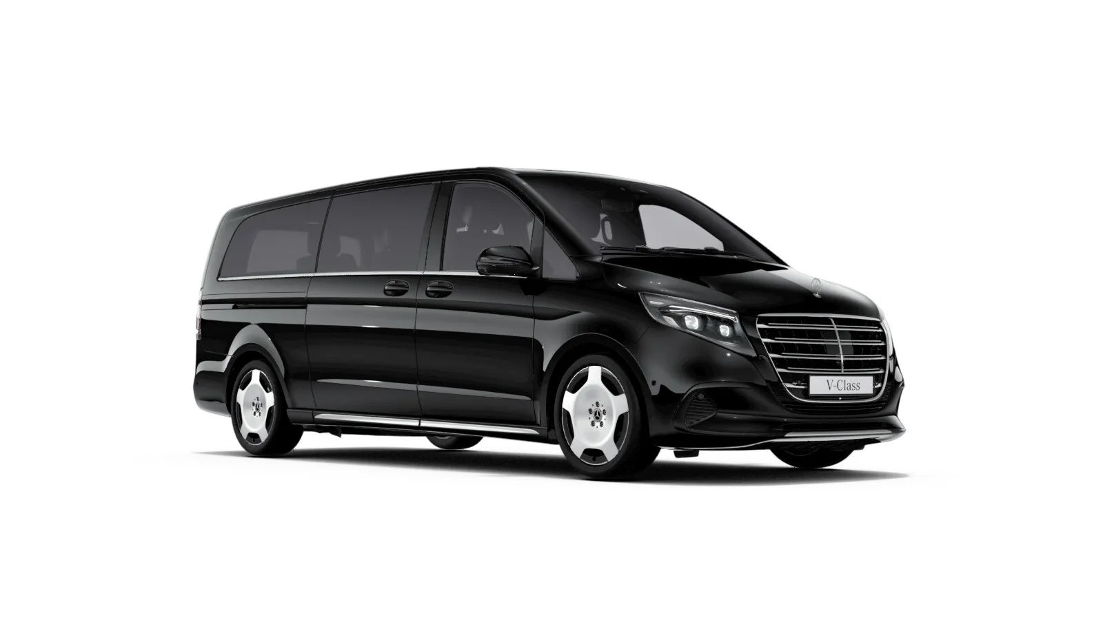 A black Mercedes-Benz V-Class, a 6-seat van, on a white background