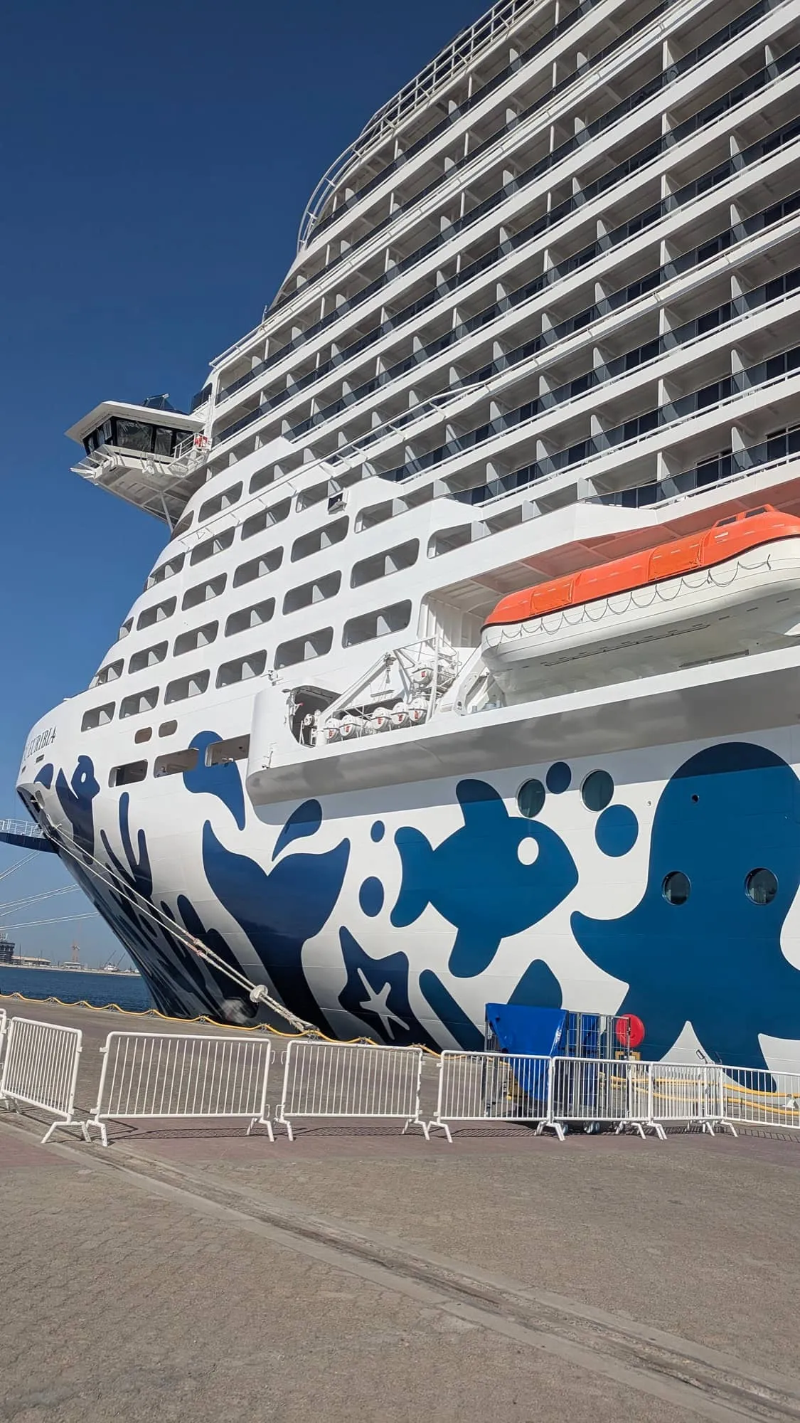 The bow of the cruise ship MSC Euribia moored at the quay in Port Rashid, Dubai
