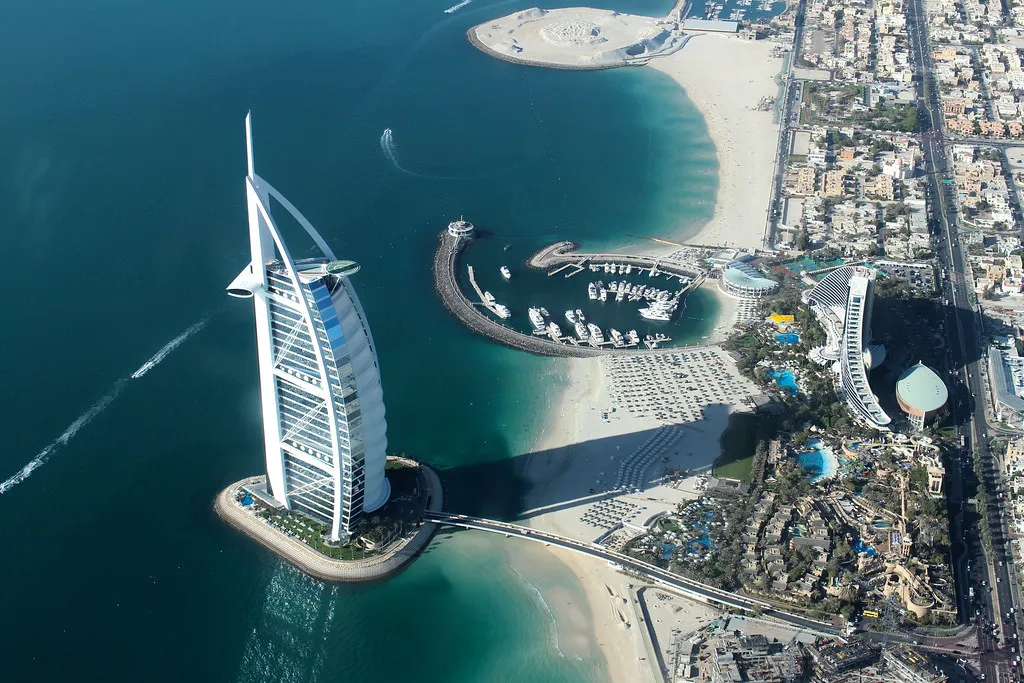 Burj Al Arab and the Jumeirah coast seen from a seaplane flight over Dubai