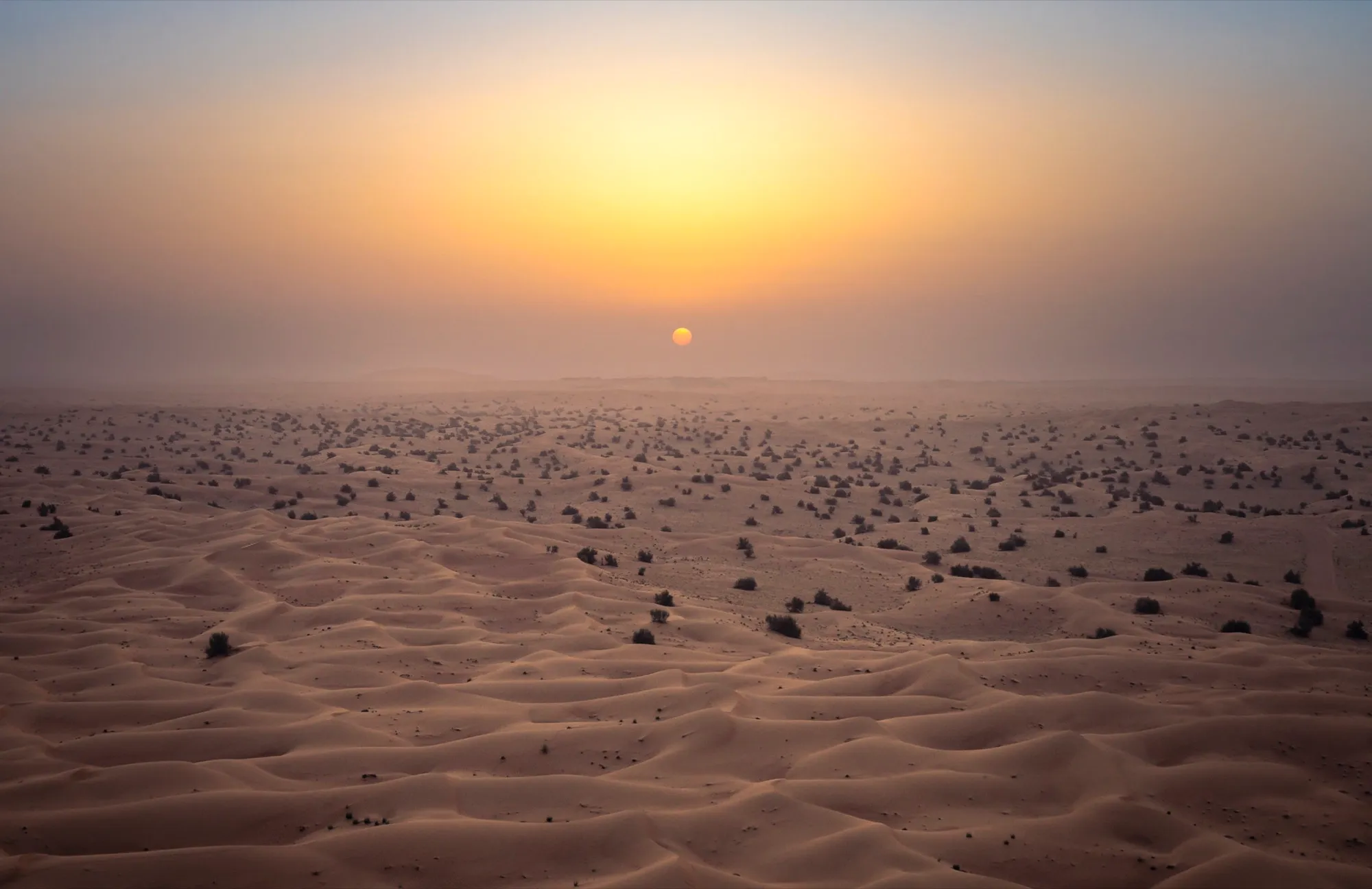 The sun rising through haze over the dunes of the Dubai Desert Conservation Reserve, seen from the air
