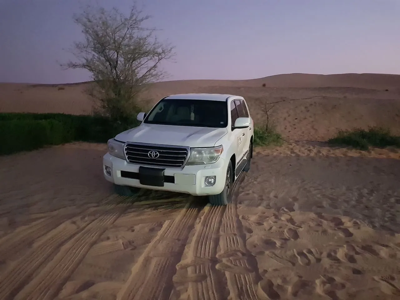A white Toyota Land Cruiser parked on soft, tyre-marked sand in the Dubai desert at dusk