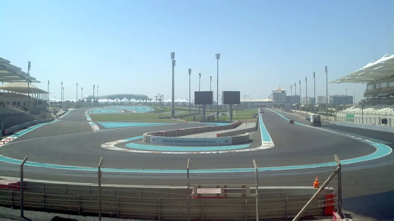 The track and grandstands at Yas Marina Circuit on Yas Island, Abu Dhabi